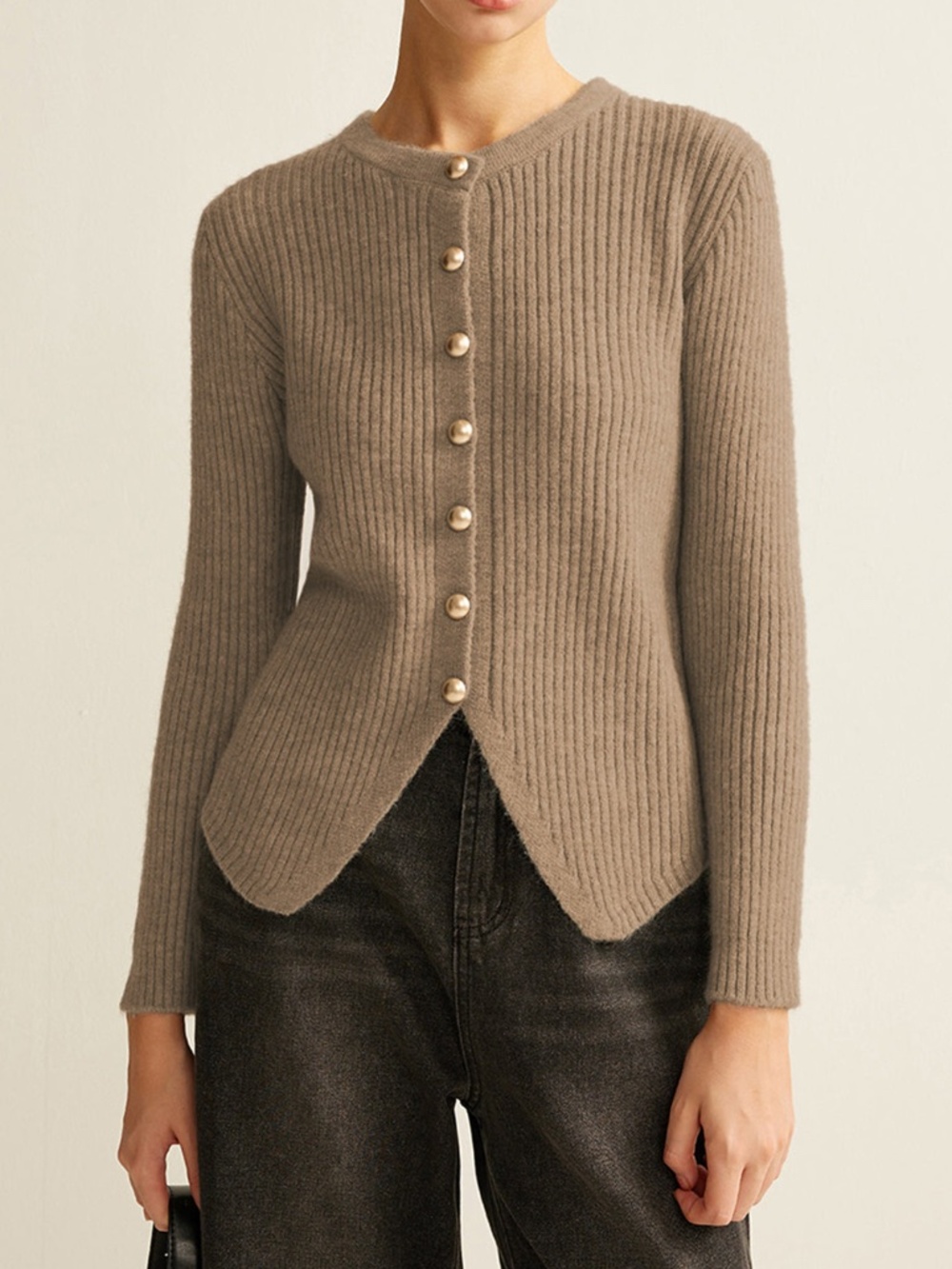 COMMENSE Button Down Split Cardigan Light Brown Ribbed Knit Gold Button Medium
